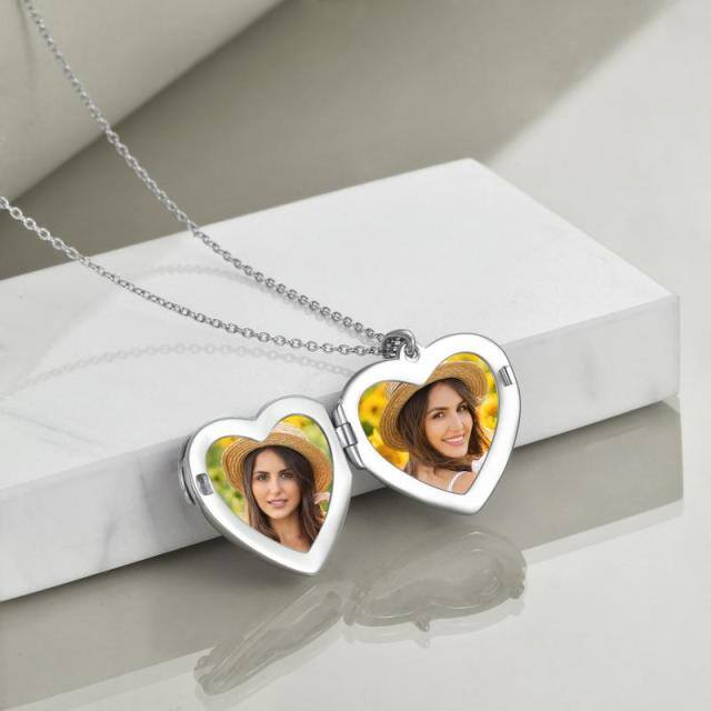 Sterling Silver Two-tone Sunflower Heart Personalized Photo Locket Necklace with Engraved Word-3