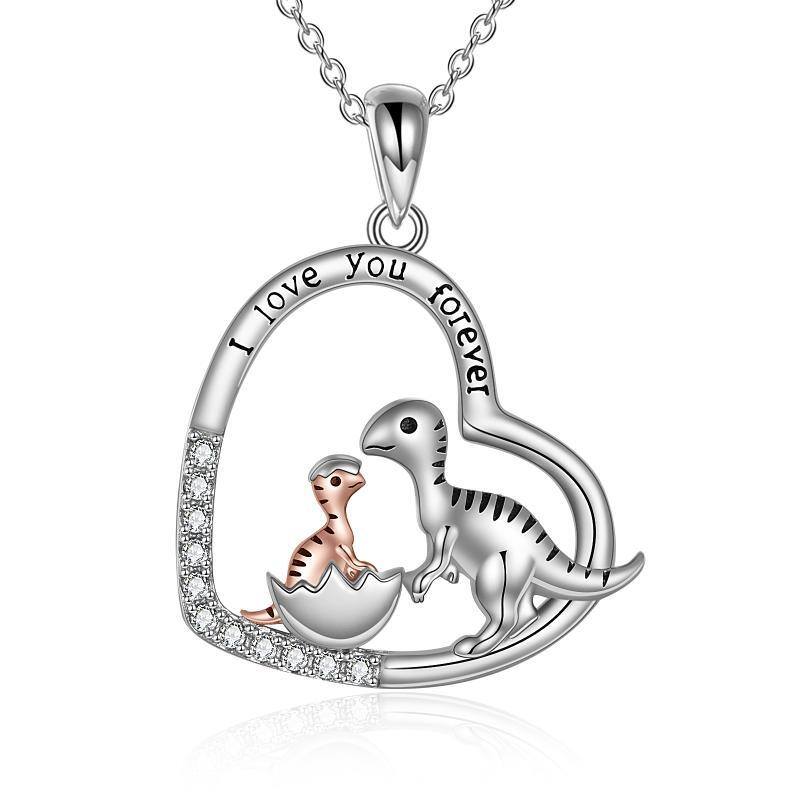 Sterling Silver Two-tone Heart Dinosaur Mom and Baby Pendant Necklace with Engraved Word-1
