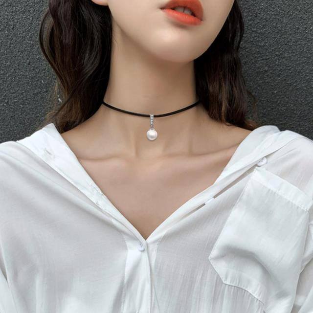 Sterling Silber Perle Flanell Halskette Choker Halskette-1