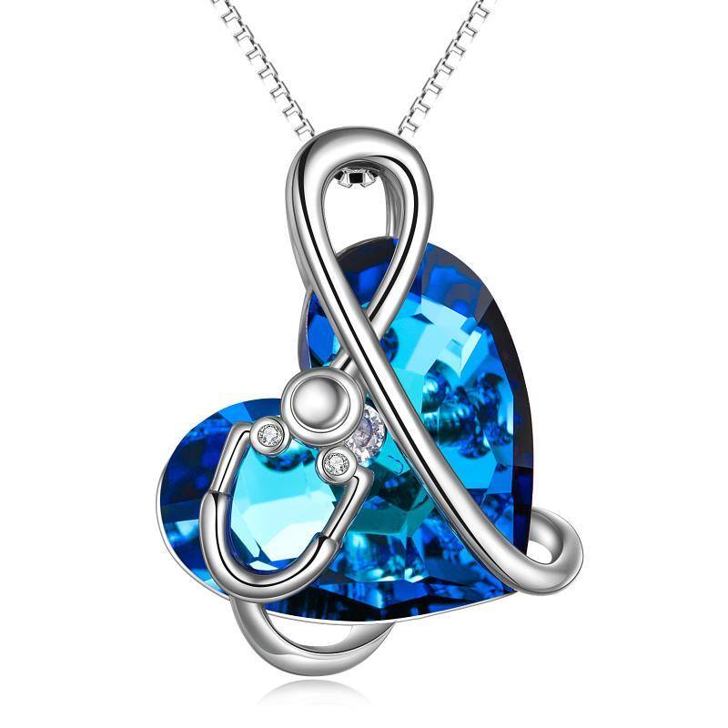 Sterling Silver Heart Shaped Heart Crystal Pendant Necklace-1