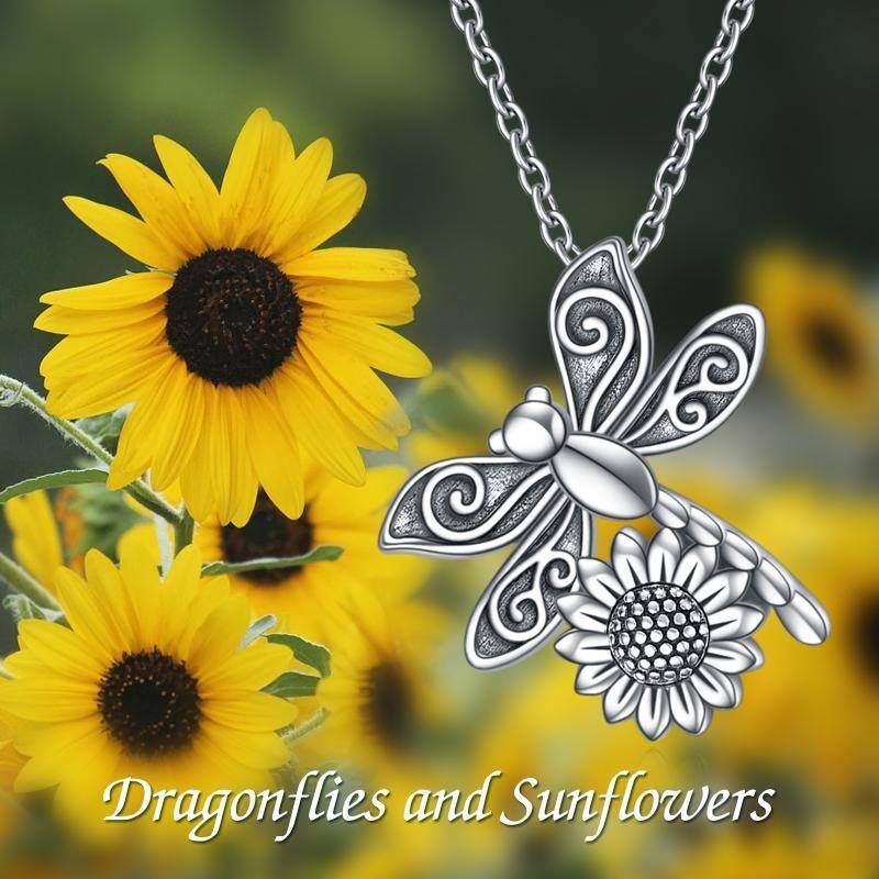 Sterling Silver Dragonfly & Sunflower Pendant Necklace-6