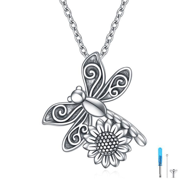 Sterling Silver Dragonfly & Sunflower Pendant Necklace-1