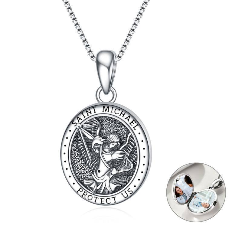 Sterling Silver Saint Michael Personalized Photo Locket Necklace-1