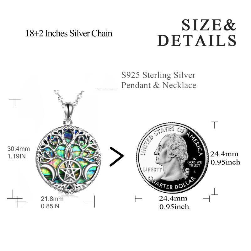 Sterling Silver Circular Shaped Abalone Shellfish Tree Of Life & Moon & Pentagram Pendant Necklace-6