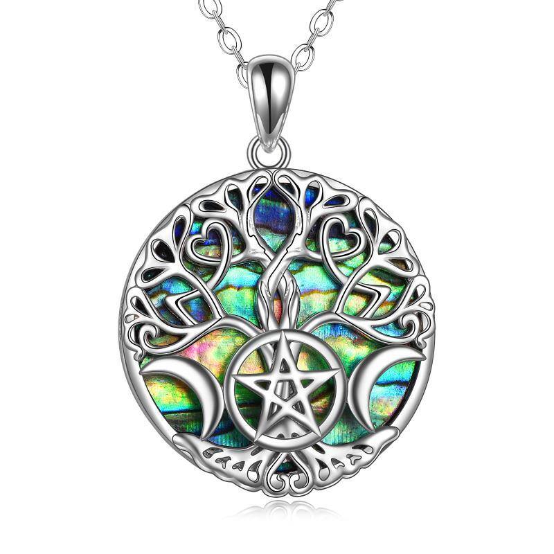 Sterling Silver Circular Shaped Abalone Shellfish Tree Of Life & Moon & Pentagram Pendant Necklace-1