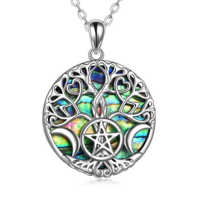 Sterling Silver Circular Shaped Abalone Shellfish Tree Of Life & Moon & Pentagram Pendant Necklace-4