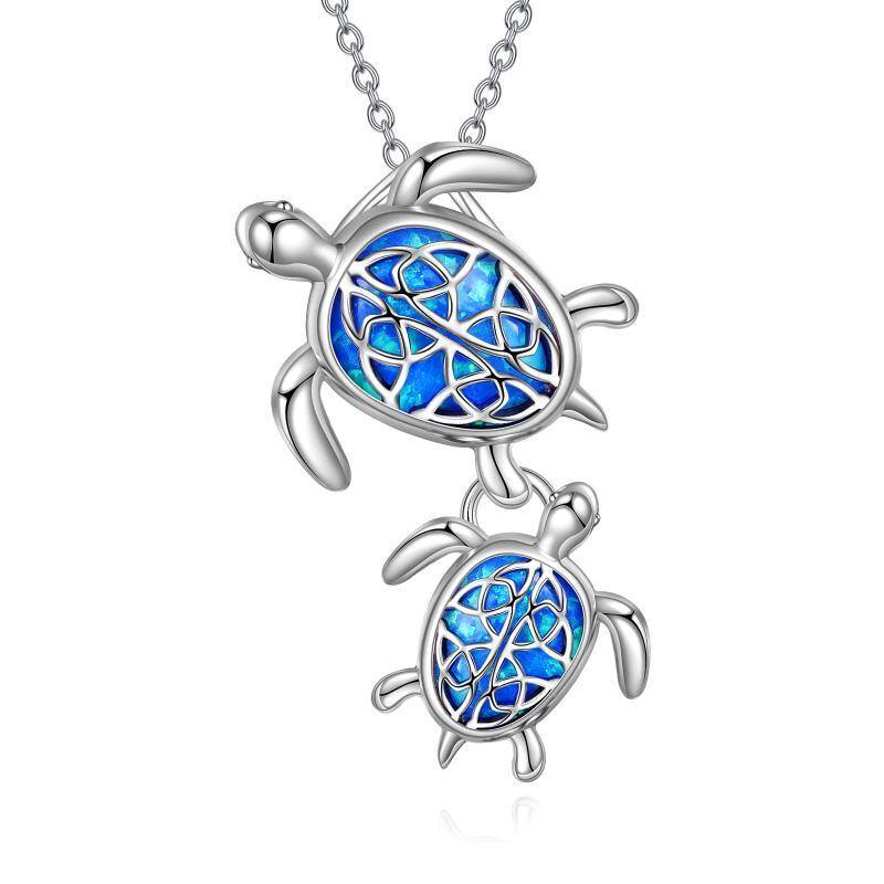 Sterling Silver Oval Opal Sea Turtle Pendant Necklace-1