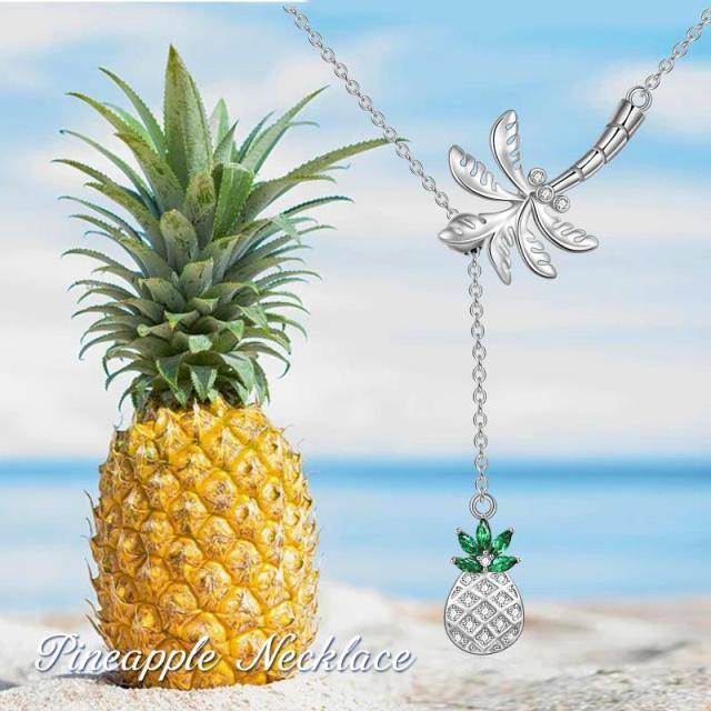Sterling Silver Round Cubic Zirconia Palm Tree & Pineapple Adjustable Y Necklace-4
