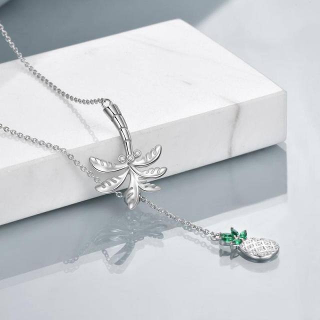 Sterling Silver Round Cubic Zirconia Palm Tree & Pineapple Adjustable Y Necklace-3
