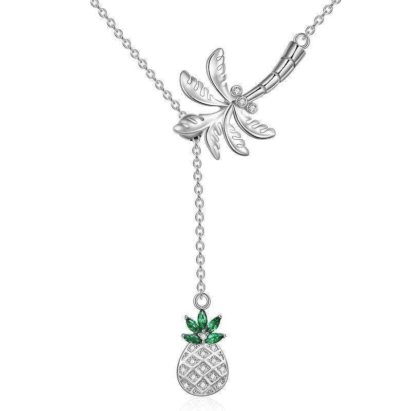 Sterling Silver Round Cubic Zirconia Palm Tree & Pineapple Adjustable Y Necklace-1