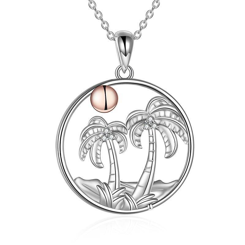 Sterling Silver Two-tone Circular Shaped Cubic Zirconia Coconut Tree Pendant Necklace-1