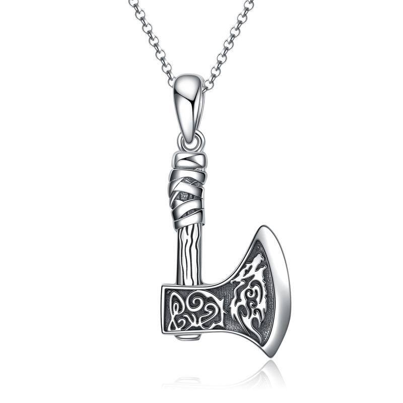 Sterling Silver Thor's Hammer & Wolf Pendant Necklace-1