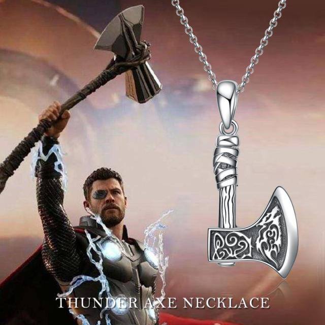 Sterling Silver Thor's Hammer & Wolf Pendant Necklace-3