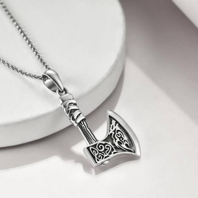 Sterling Silver Thor's Hammer & Wolf Pendant Necklace-4