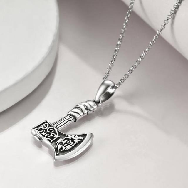 Sterling Silver Thor's Hammer & Wolf Pendant Necklace-5