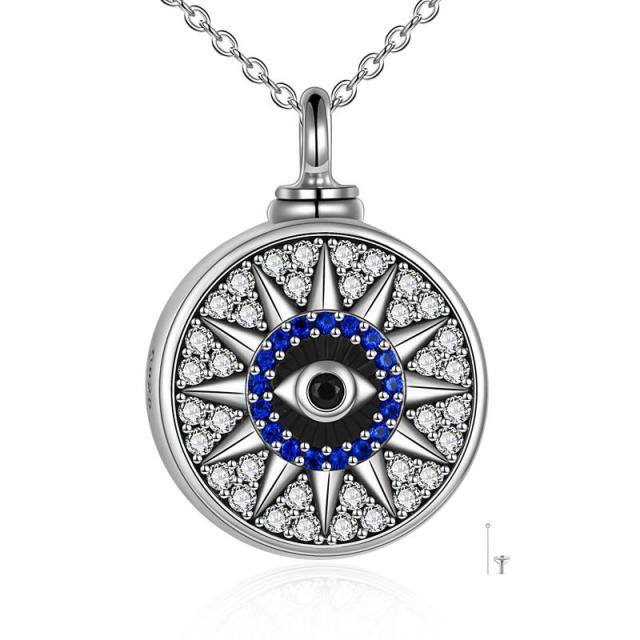 Sterling Silver Cubic Zirconia Evil Eye Urn Necklace for Ashes with Engraved Word-0