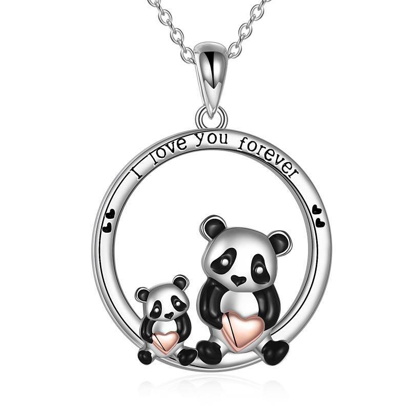Sterling Silver Two-tone Panda Pendant Necklace with Engraved Word-1