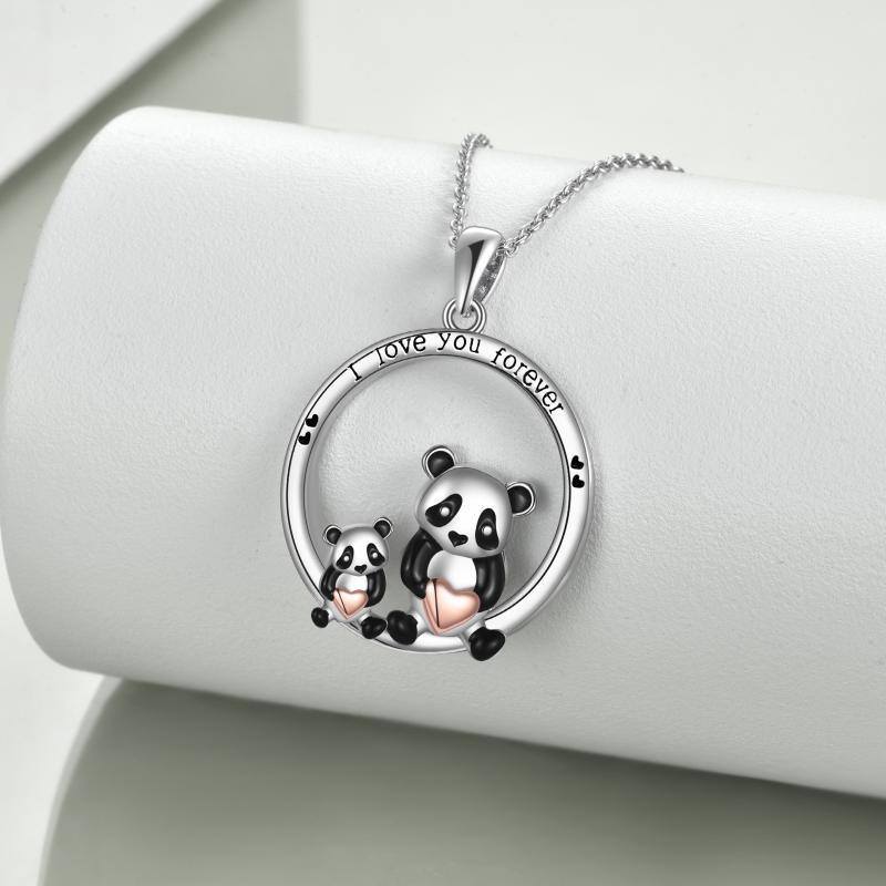 Sterling Silver Two-tone Panda Pendant Necklace with Engraved Word-3