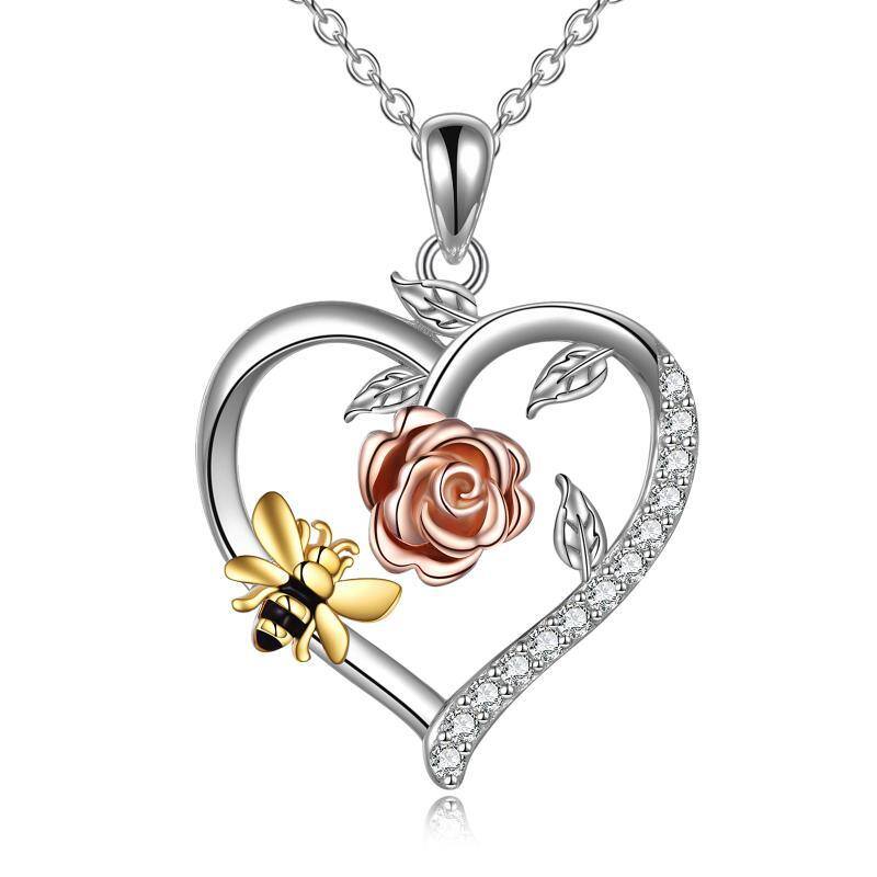 Sterling Silver Tri-tone Circular Shaped Zircon Bee & Rose & Heart Pendant Necklace-1