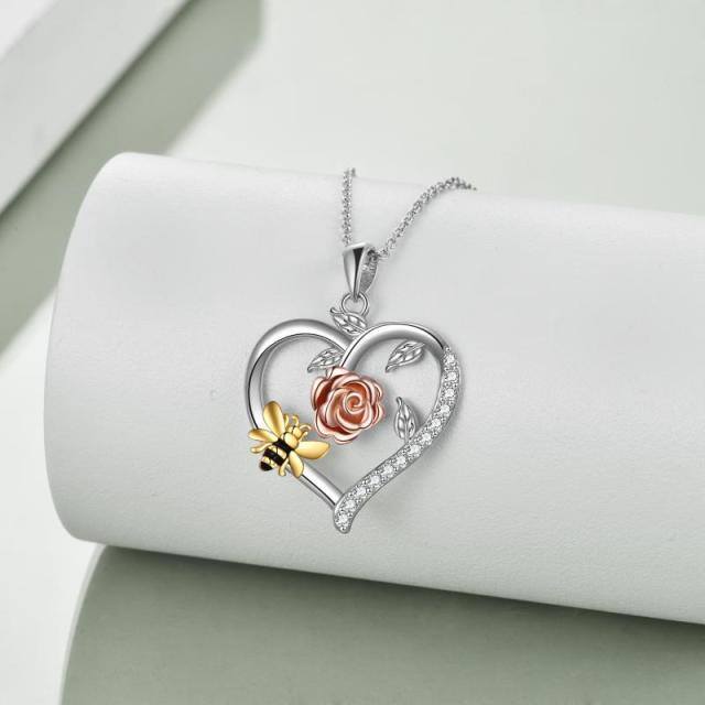 Sterling Silver Tri-tone Circular Shaped Zircon Bee & Rose & Heart Pendant Necklace-2