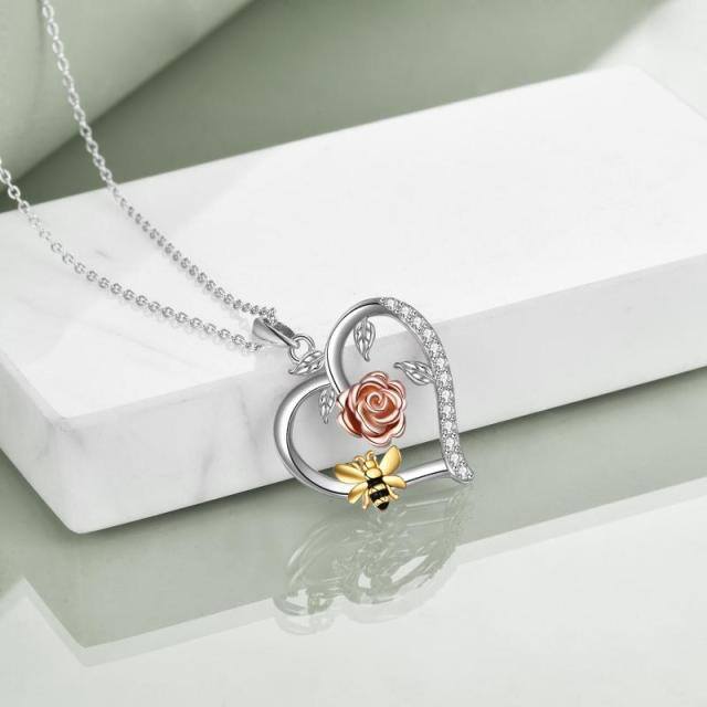 Sterling Silver Tri-tone Circular Shaped Zircon Bee & Rose & Heart Pendant Necklace-3