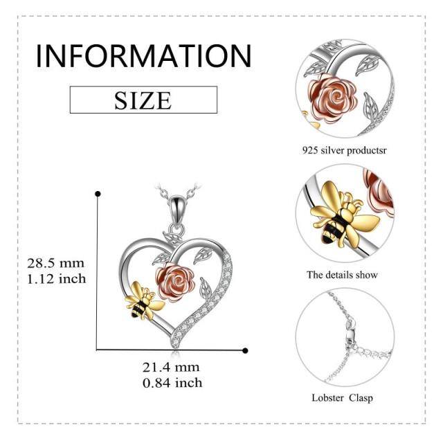 Sterling Silver Tri-tone Circular Shaped Zircon Bee & Rose & Heart Pendant Necklace-4