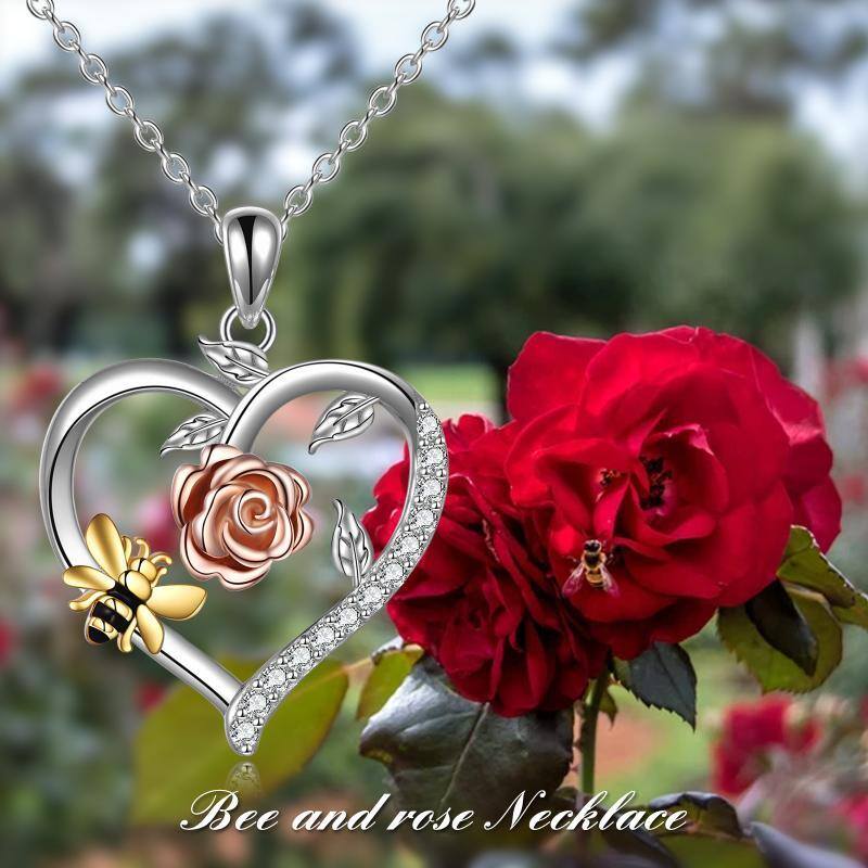 Plata de ley Tri-tono Circular en forma de circonio Abeja y Rosa y Corazón Collar Colgante-6