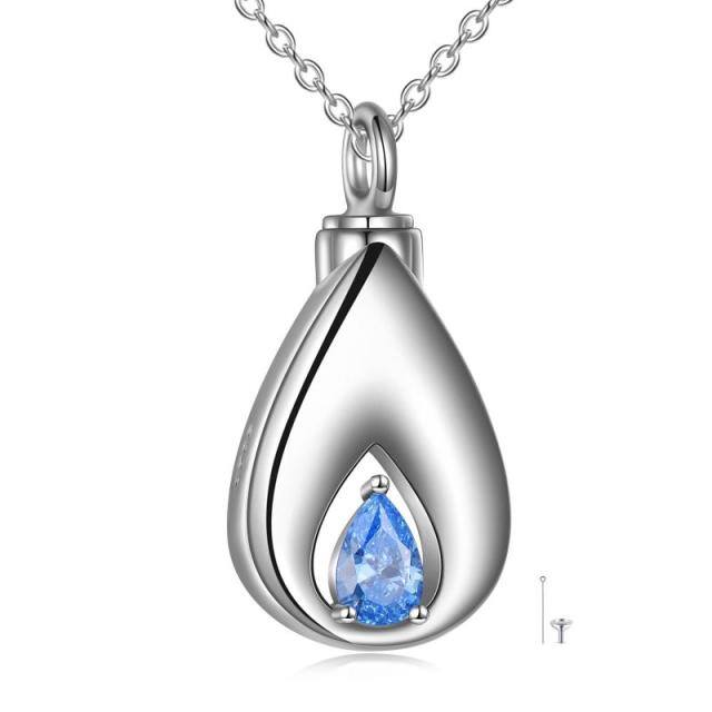 Sterling Silver Blue Cubic Zirconia Tear Drop Shape Urn Necklace for Ashes-0