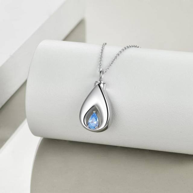 Collar de plata de ley con forma de urna con lágrima de circonita azul para cenizas-2