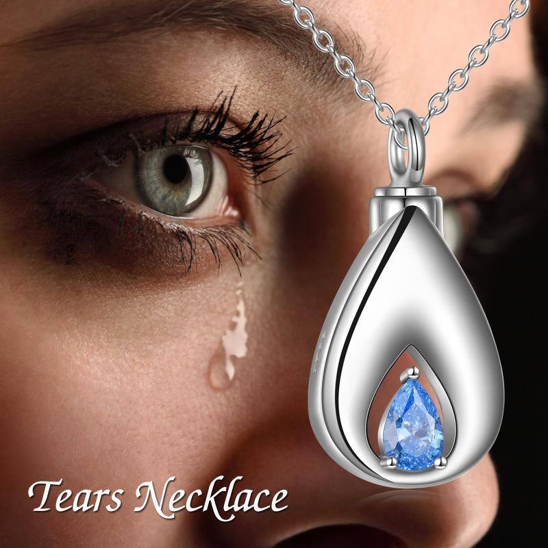 Collar de plata de ley con forma de urna con lágrima de circonita azul para cenizas-6