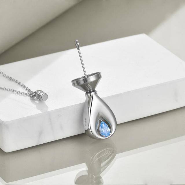 Sterling Silver Blue Cubic Zirconia Tear Drop Shape Urn Necklace for Ashes-3