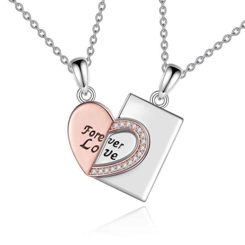 Sterling Silver Two-tone Zircon Heart Pendant Necklace-1