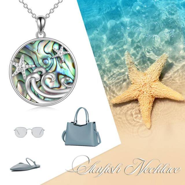 Sterling Silver Abalone Shellfish Starfish & Spray Pendant Necklace-2