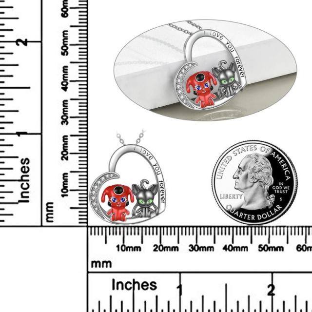 Sterling Silver Two-tone Circular Shaped Cubic Zirconia Heart & Miraculous Ladybug And Cat Noir Pendant Necklace with Engraved Word-4