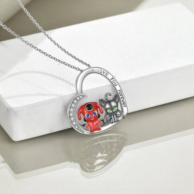 Sterling Silver Two-tone Circular Shaped Cubic Zirconia Heart & Miraculous Ladybug And Cat Noir Pendant Necklace with Engraved Word-3