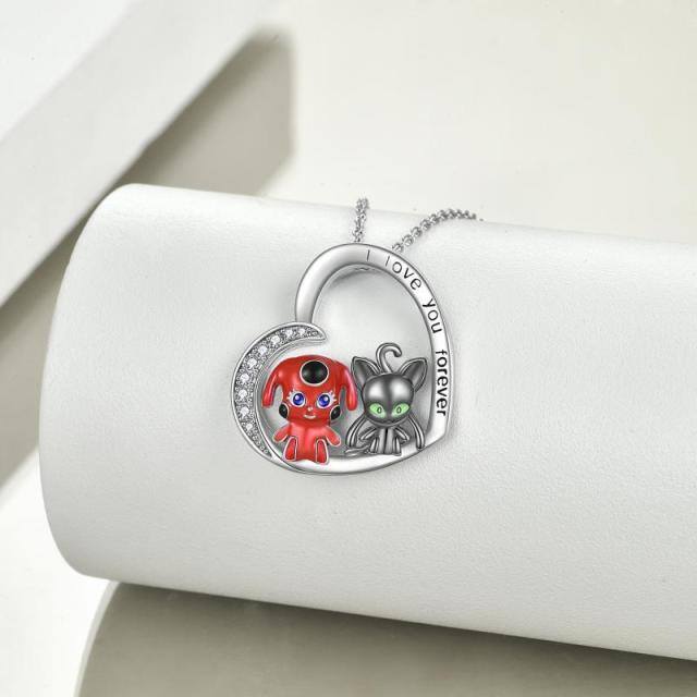 Sterling Silver Two-tone Circular Shaped Cubic Zirconia Heart & Miraculous Ladybug And Cat Noir Pendant Necklace with Engraved Word-2