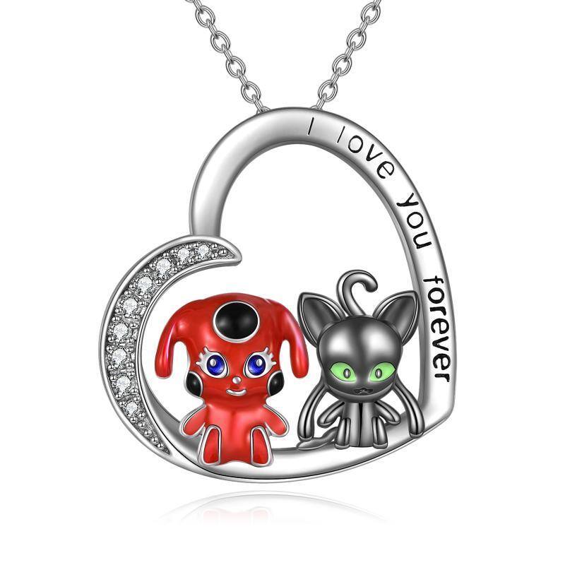 Sterling Silver Two-tone Circular Shaped Cubic Zirconia Heart & Miraculous Ladybug And Cat Noir Pendant Necklace with Engraved Word-1