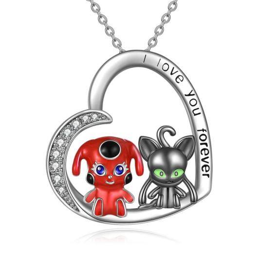 Sterling Silver Two-tone Circular Shaped Cubic Zirconia Heart & Miraculous Ladybug And Cat Noir Pendant Necklace with Engraved Word