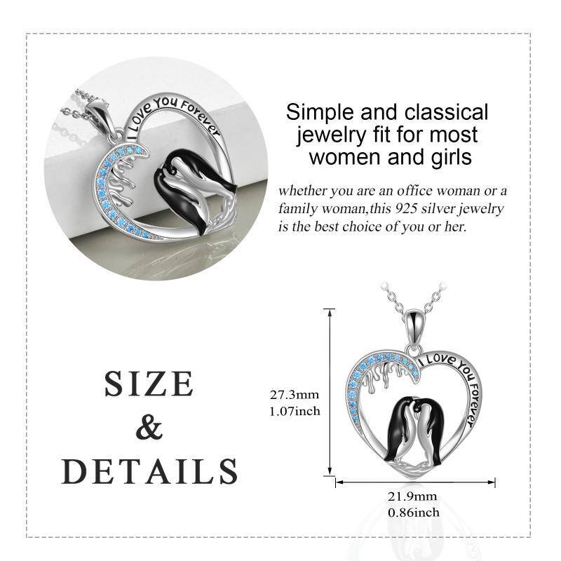 Sterling Silver Round Zircon Penguin & Heart Pendant Necklace with Engraved Word-6