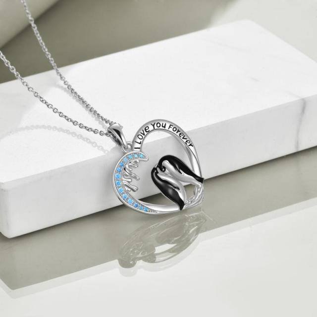 Sterling Silver Round Zircon Penguin & Heart Pendant Necklace with Engraved Word-4