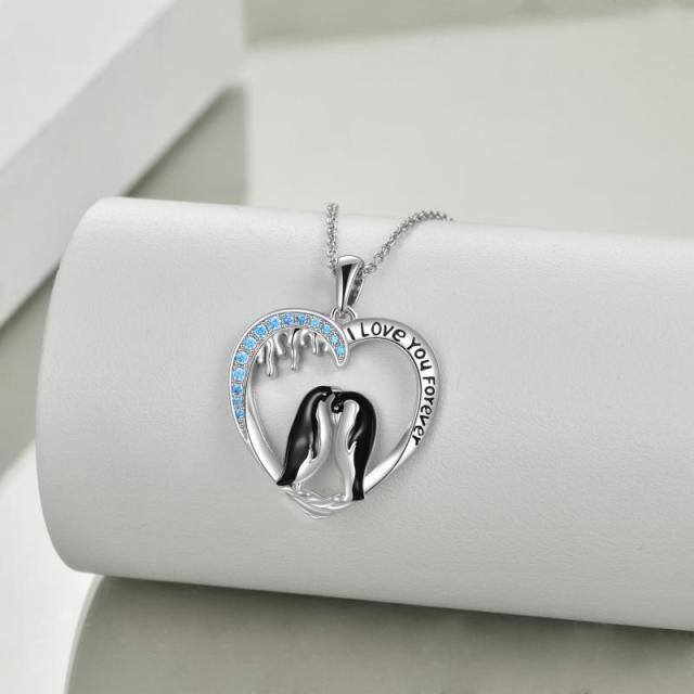 Sterling Silver Round Zircon Penguin & Heart Pendant Necklace with Engraved Word-3
