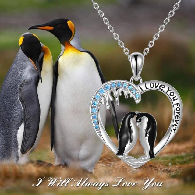 Sterling Silver Round Zircon Penguin & Heart Pendant Necklace with Engraved Word-2