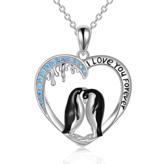 Sterling Silver Round Zircon Penguin & Heart Pendant Necklace with Engraved Word