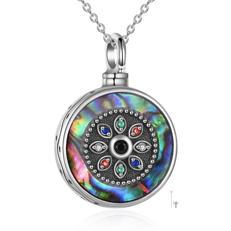 Sterling Silver Circular Shaped Abalone Shellfish Round Urn Necklace for Ashes with Engraved Word-1
