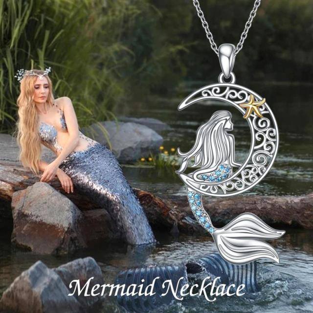 Sterling Silver Two-tone Cubic Zirconia Mermaid & Moon Pendant Necklace-2