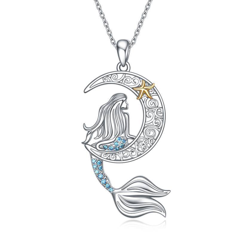 Sterling Silver Two-tone Cubic Zirconia Mermaid & Moon Pendant Necklace-1