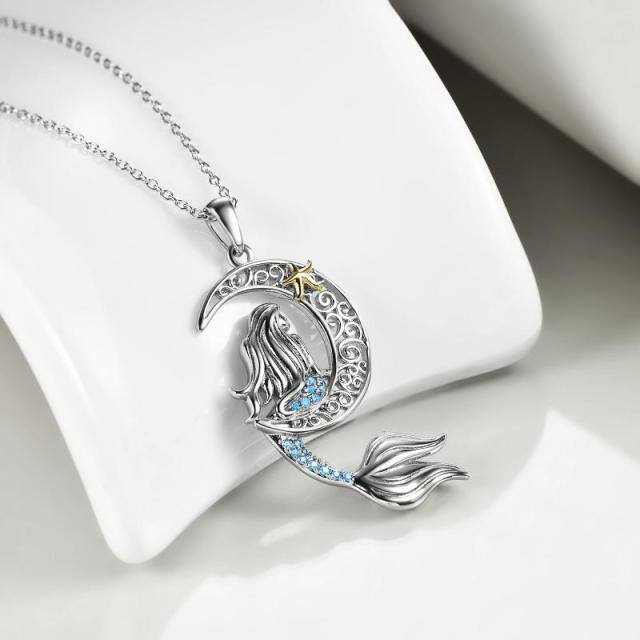 Sterling Silver Two-tone Cubic Zirconia Mermaid & Moon Pendant Necklace-4