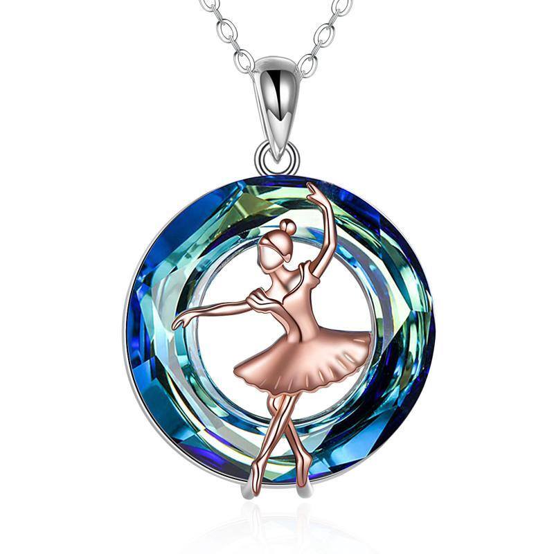 Sterling Silver Two-tone Round Crystal Pendant Necklace-1