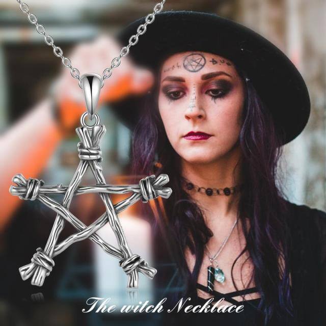 Sterling Silver Pentagram & Witch Pendant Necklace-2