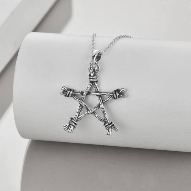 Sterling Silver Pentagram & Witch Pendant Necklace-3